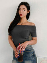 OFF SHOULDER SHORT SLEEVE SOLID COLOR T-SHIRT
